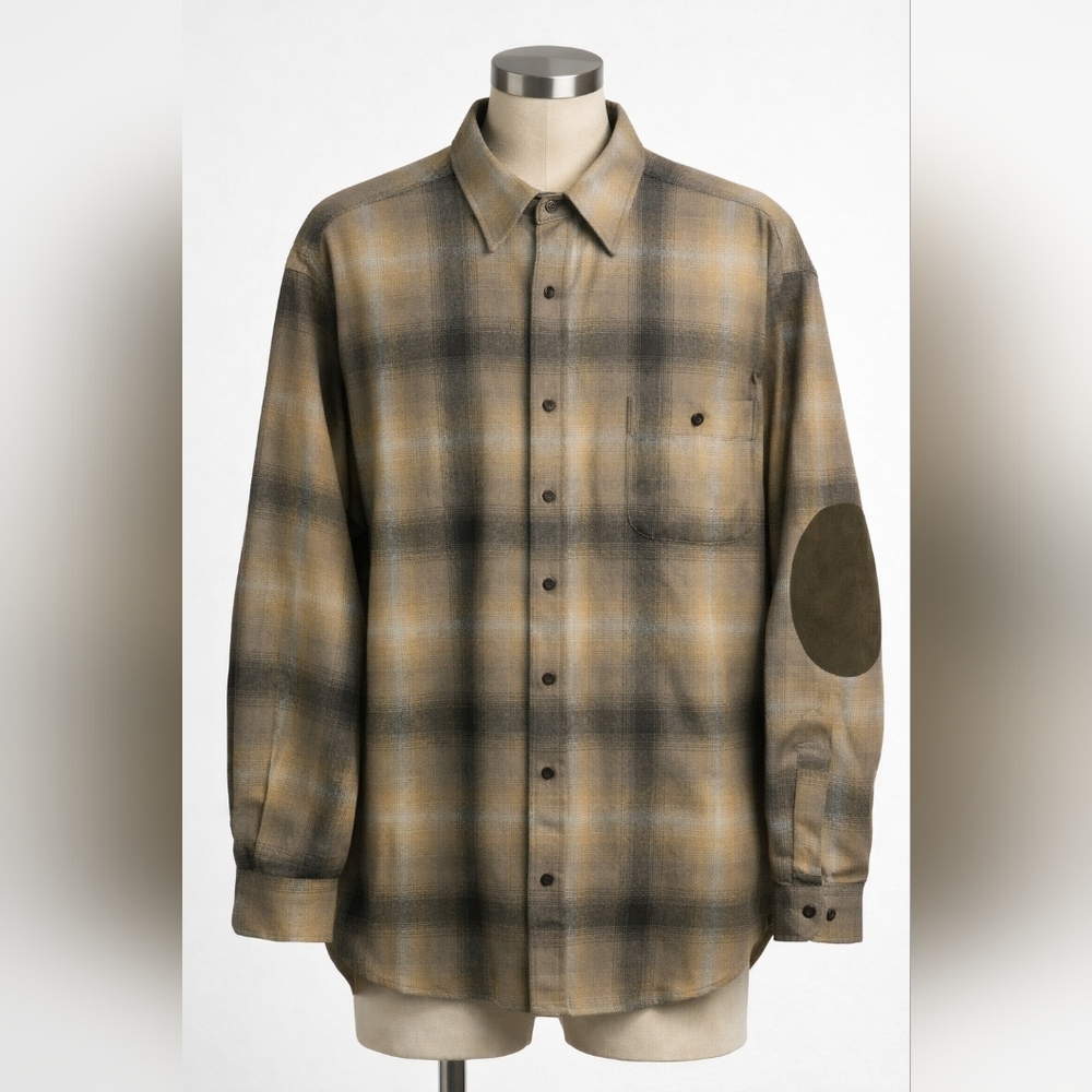 Vintage Pendleton Trail Shirt XL Tan Plaid Suede Elbow Patches No Flaws - Picture 2 of 11